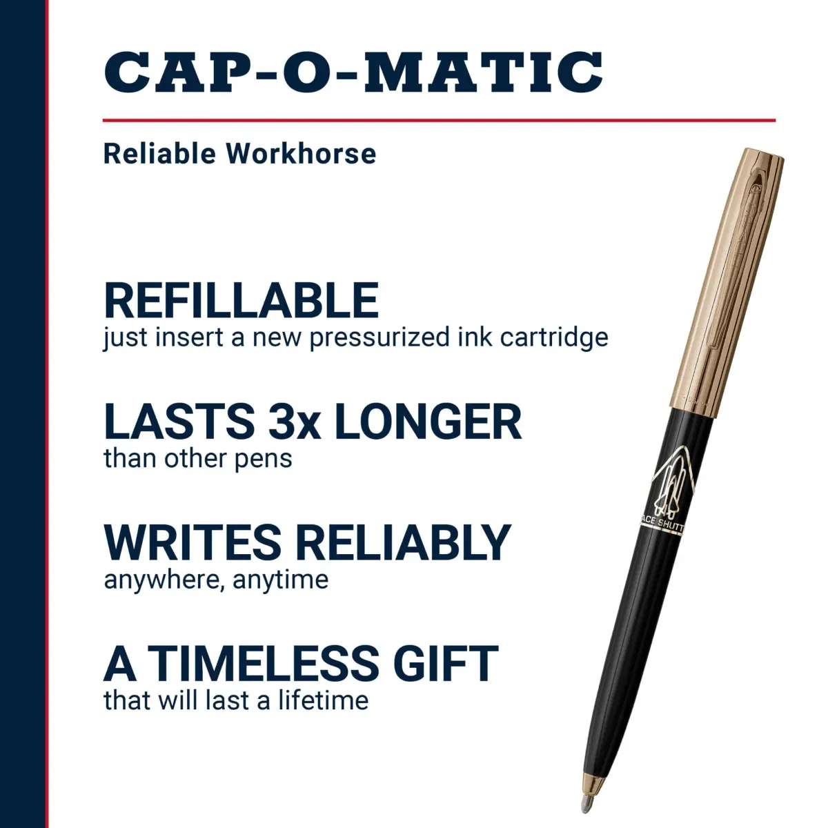 Fisher Space Pen Cap-O-Matic Blue Barrel / Chrome Cap Space Shuttle Imprint - Writes Upside Down - view 2