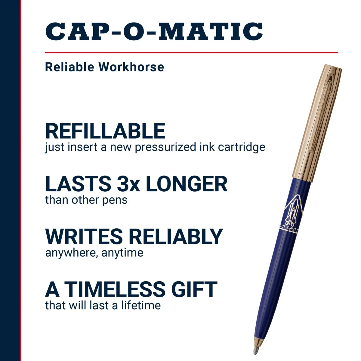 Fisher Space Pen Cap-O-Matic Blue Barrel / Gold Cap Space Shuttle Imprint - view 2