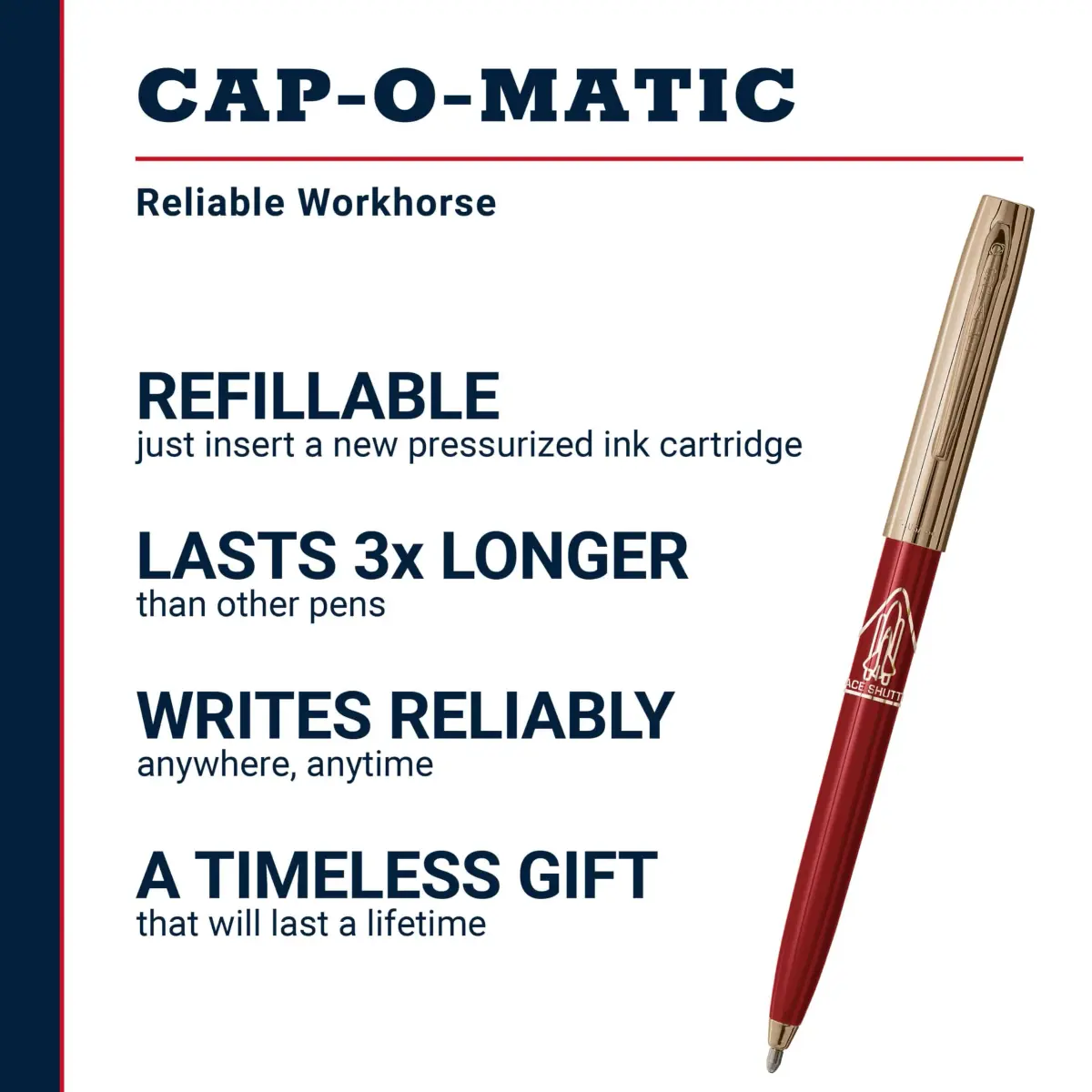 Fisher Cap-O-Matic Red Barrel / Gold Cap Space Shuttle Imprint Pen - Writes Upside Down - view 2