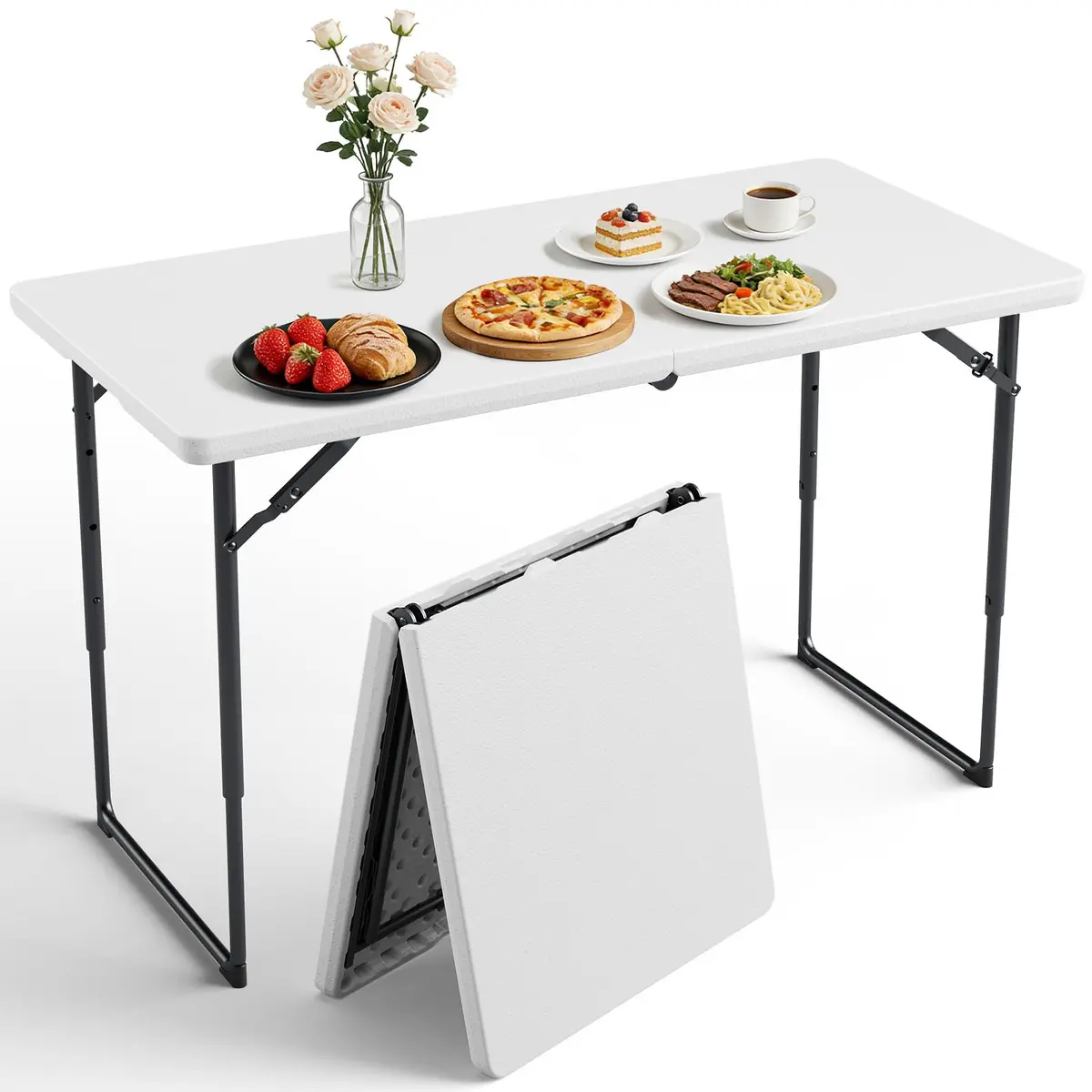 FurniEdge 4FT White Folding Table | Heavy Duty Portable with Adjustable Height Support 300lbs - main product image