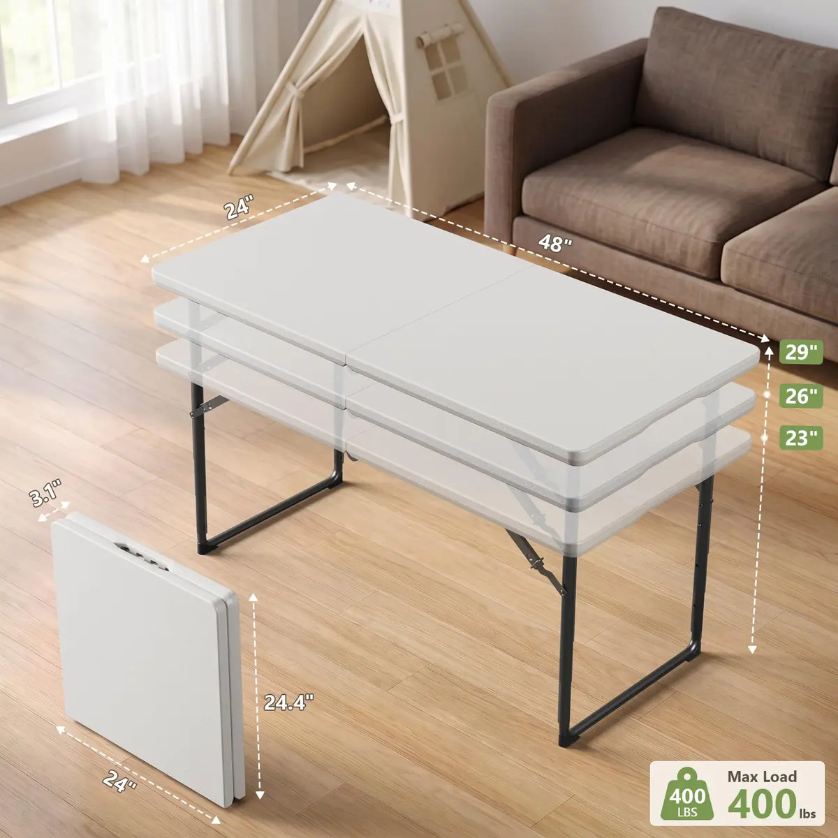 FurniEdge 4FT White Folding Table | Heavy Duty Portable with Adjustable Height Support 300lbs - view 2