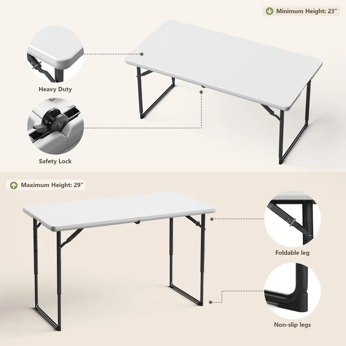 FurniEdge 4FT White Folding Table | Heavy Duty Portable with Adjustable Height Support 300lbs - view 3