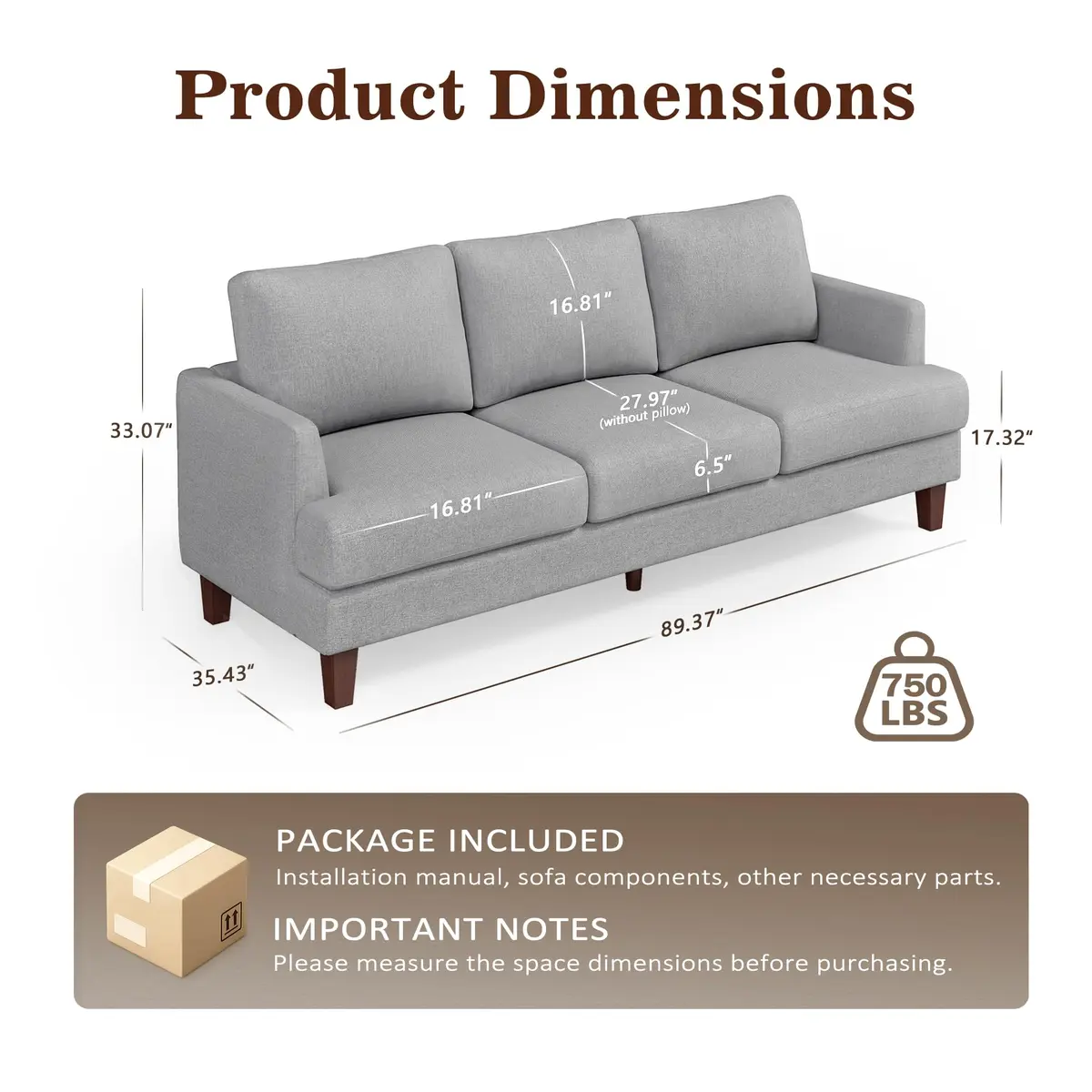 Gericco Mid Century Modern 89" 3-Seater Couch for Living Room, Light Grey | Spacious, Comfortable & Sturdy - view 2