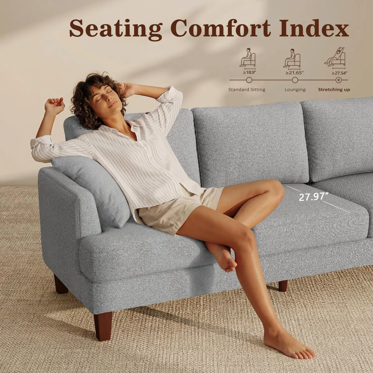 Gericco Mid Century Modern 89" 3-Seater Couch for Living Room, Light Grey | Spacious, Comfortable & Sturdy - view 3