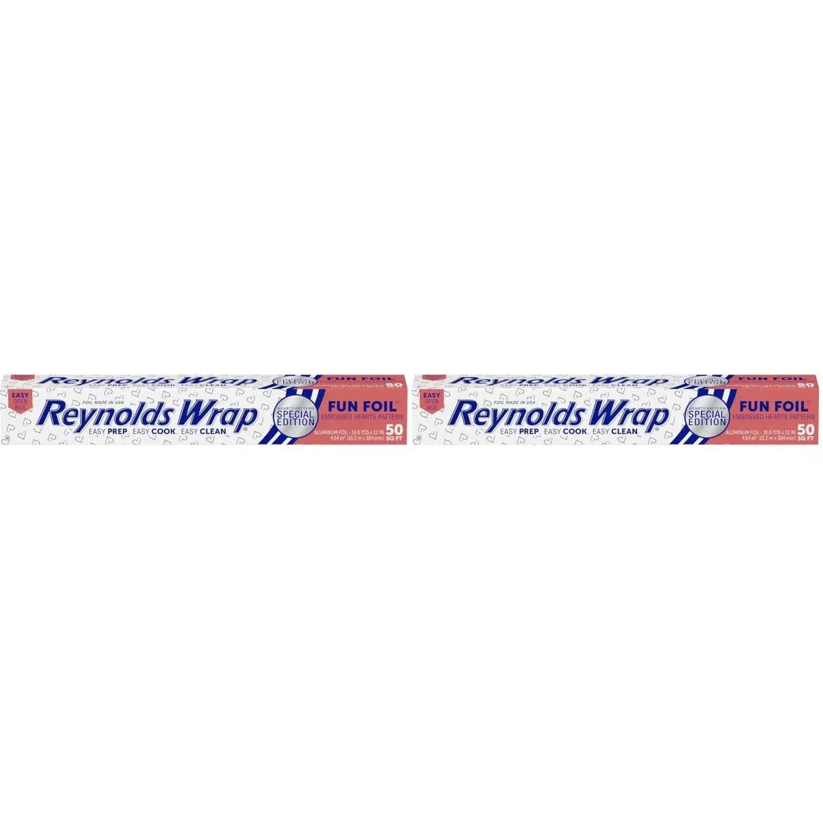 Reynolds Wrap Fun Foil Heart Patterned Aluminum Foil Roll 16.6 Yards x 12 Inches (50 Sq. Ft. Total, Pack of 2) | Embossed Hearts for Gifting & Food Prep - main product image