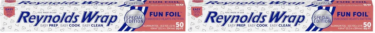 Reynolds Wrap Fun Foil Heart Patterned Aluminum Foil Roll 16.6 Yards x 12 Inches (50 Sq. Ft. Total, Pack of 2) | Embossed Hearts for Gifting & Food Prep - main product image