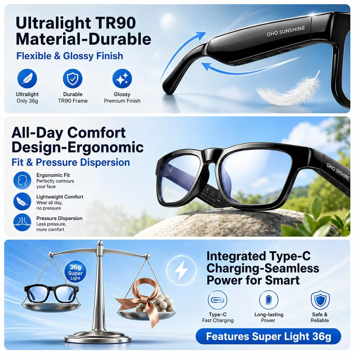 OhO sunshine Smart Glasses Photochromic Bluetooth Sunglasses | AI Real-Time Translation & Open-Ear Audio (36g, Shiny Black) - view 8