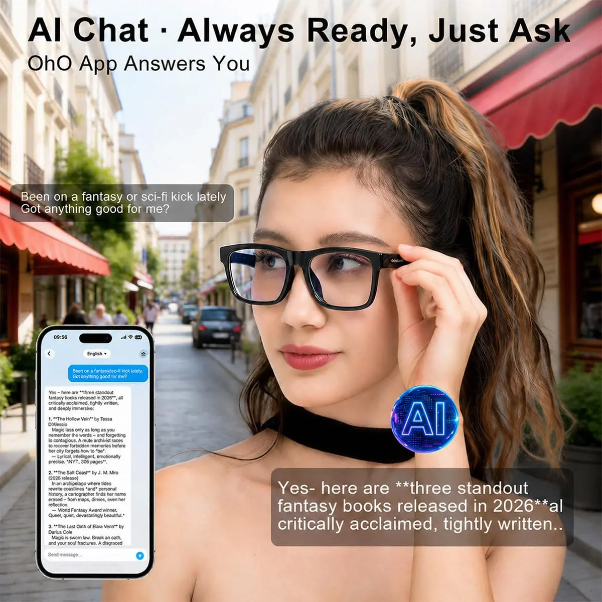 OhO sunshine Smart Glasses Photochromic Bluetooth Sunglasses | AI Real-Time Translation & Open-Ear Audio (36g, Shiny Black) - view 3