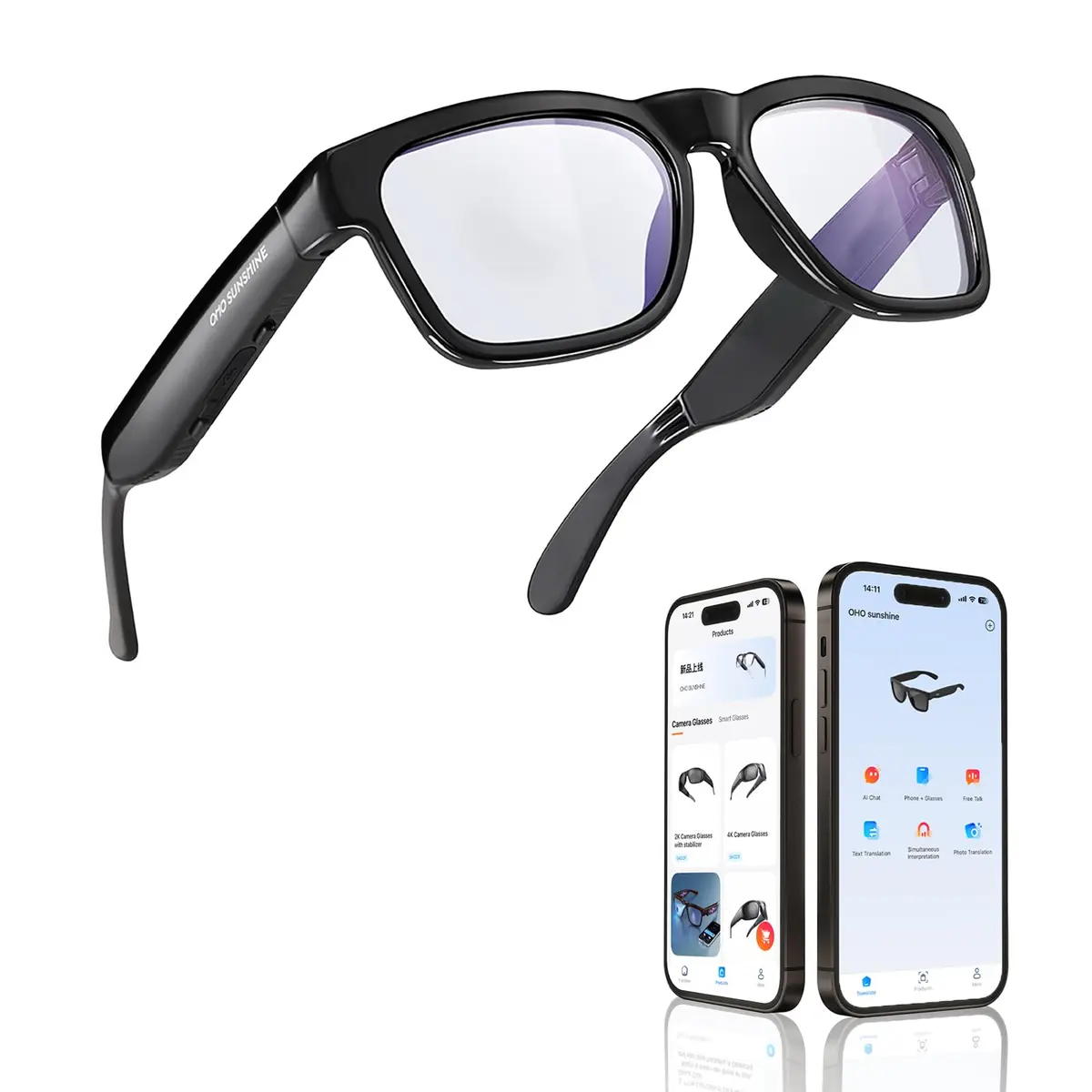 OHO AI Smart Glasses with Blue Light Blocking Lens & Open Ear Bluetooth Audio, Unisex Standard Size | AI Translation & Hands-Free Calls - main product image