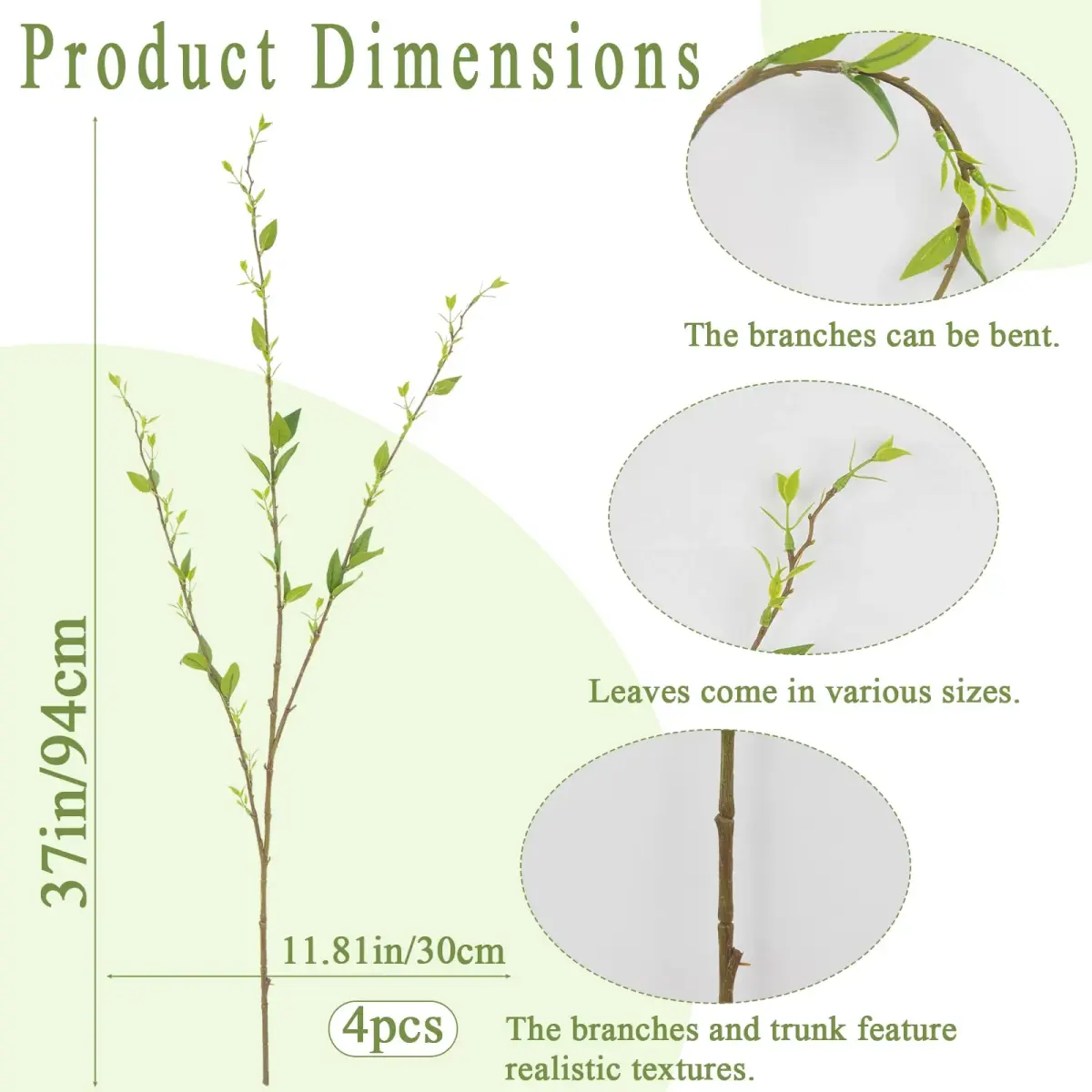 ACRYCS Artificial Branches with Leaves Green 37" (94cm) Faux Greenery Stems, Pack of 4 | Realistic Silk Foliage for Tall Vases - view 2