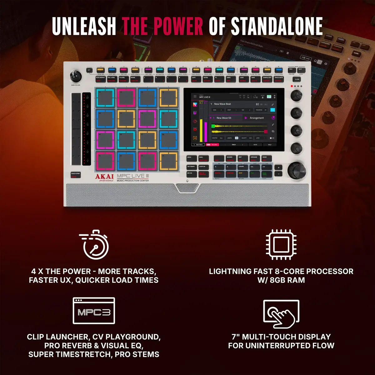 Akai Professional MPC Live III Retro Portable Music Production Center | Standalone, 8-Core, 128GB Storage, 7-inch Touchscreen - view 3