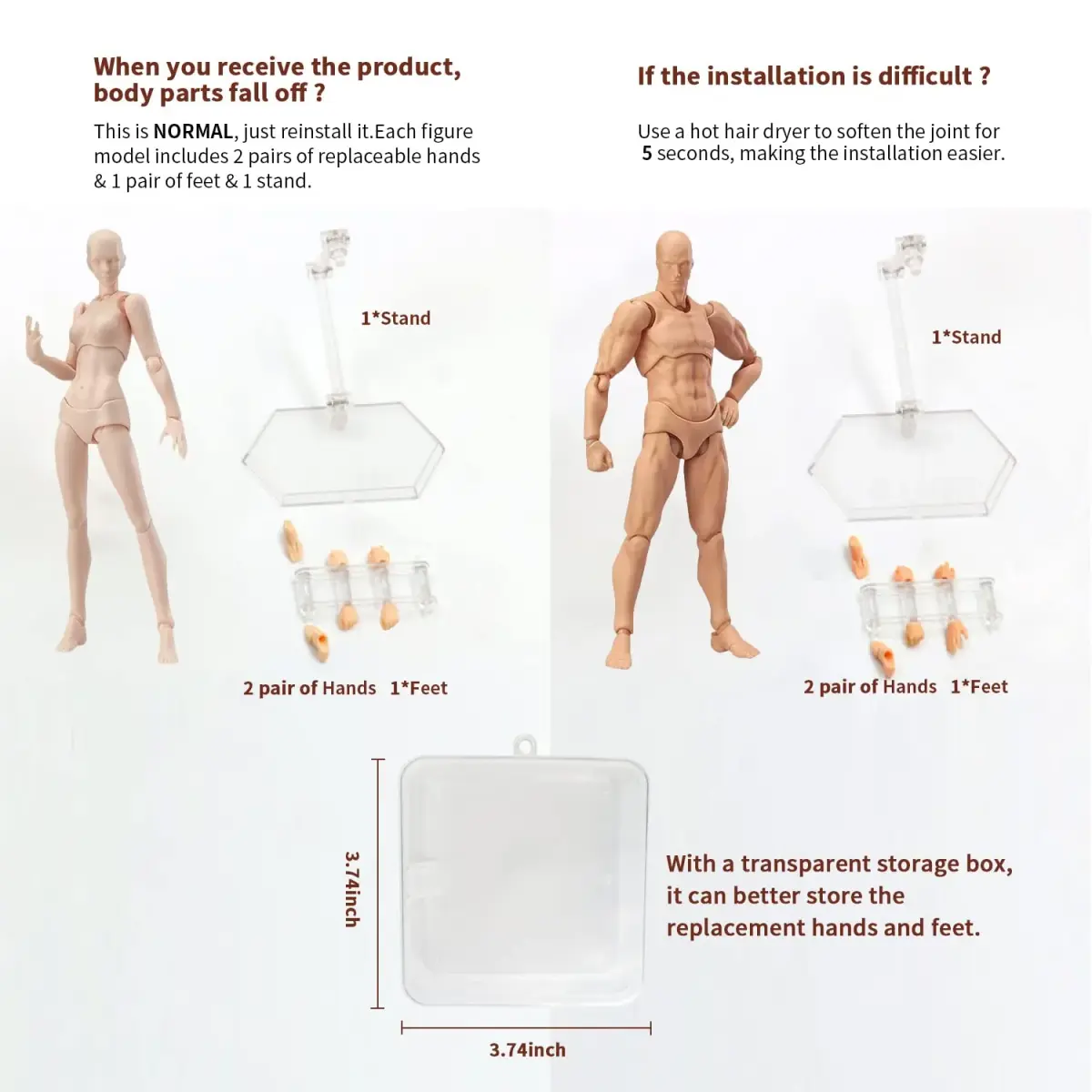 Haniforever Artist Mannequin Set (Male 14cm/5.5" & Female 13cm/5.1") | Posable Jointed Figures for Drawing & Sketching - view 3