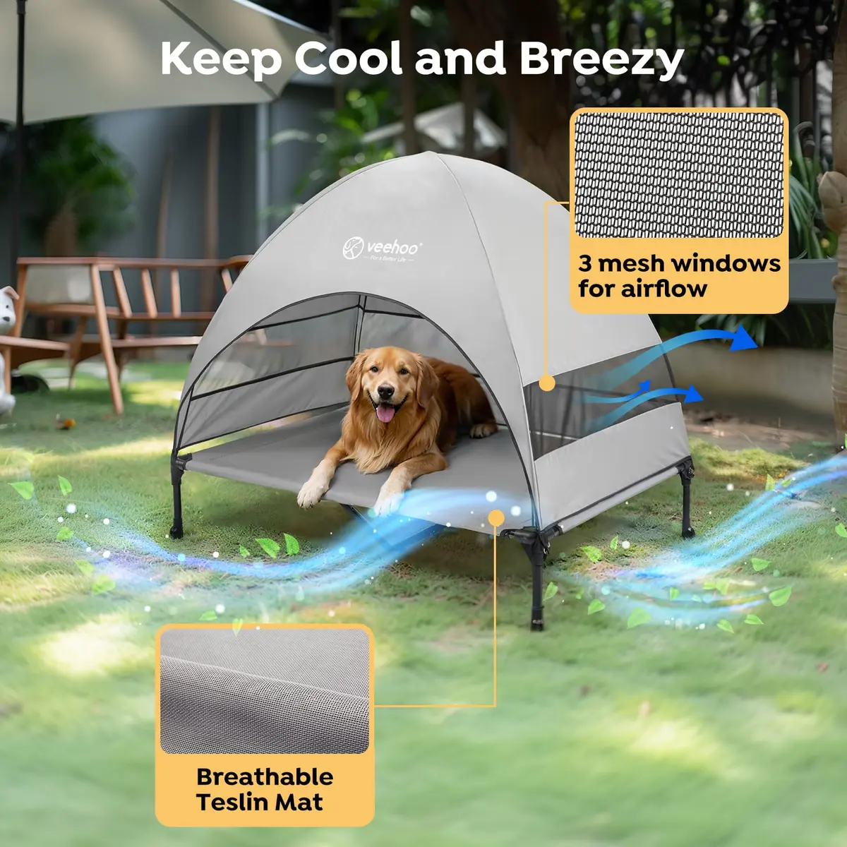Veehoo Elevated Outdoor Dog Bed with Canopy & Cooling Shade 49" x 33" x 43.5" | Heavy Duty 150lb Capacity - view 3