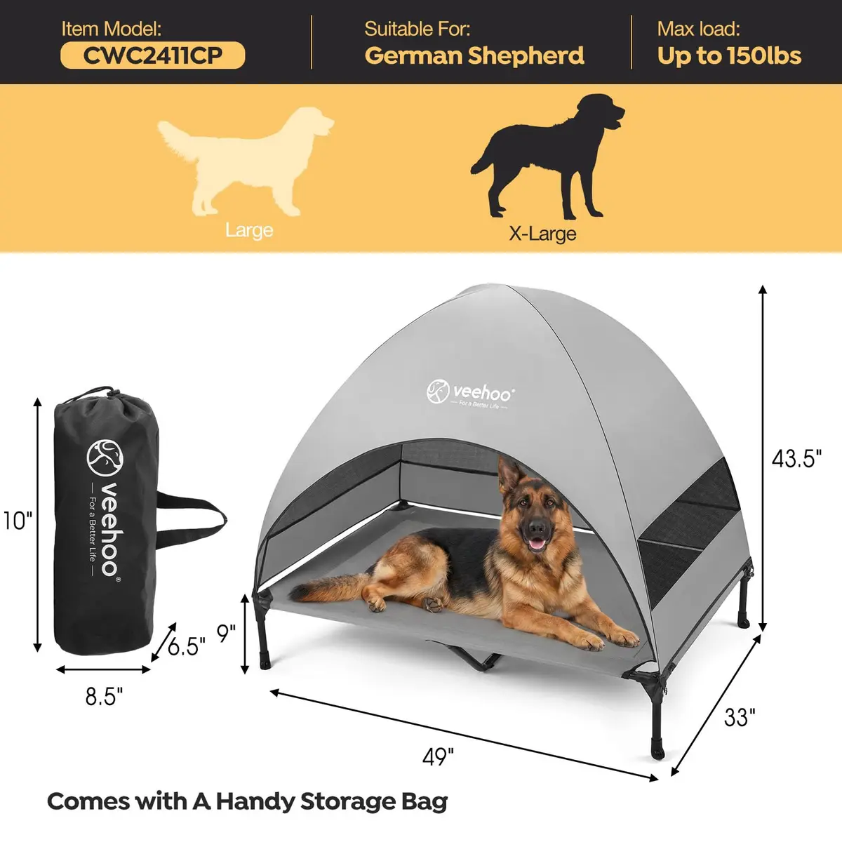 Veehoo Elevated Outdoor Dog Bed with Canopy & Cooling Shade 49" x 33" x 43.5" | Heavy Duty 150lb Capacity - view 4