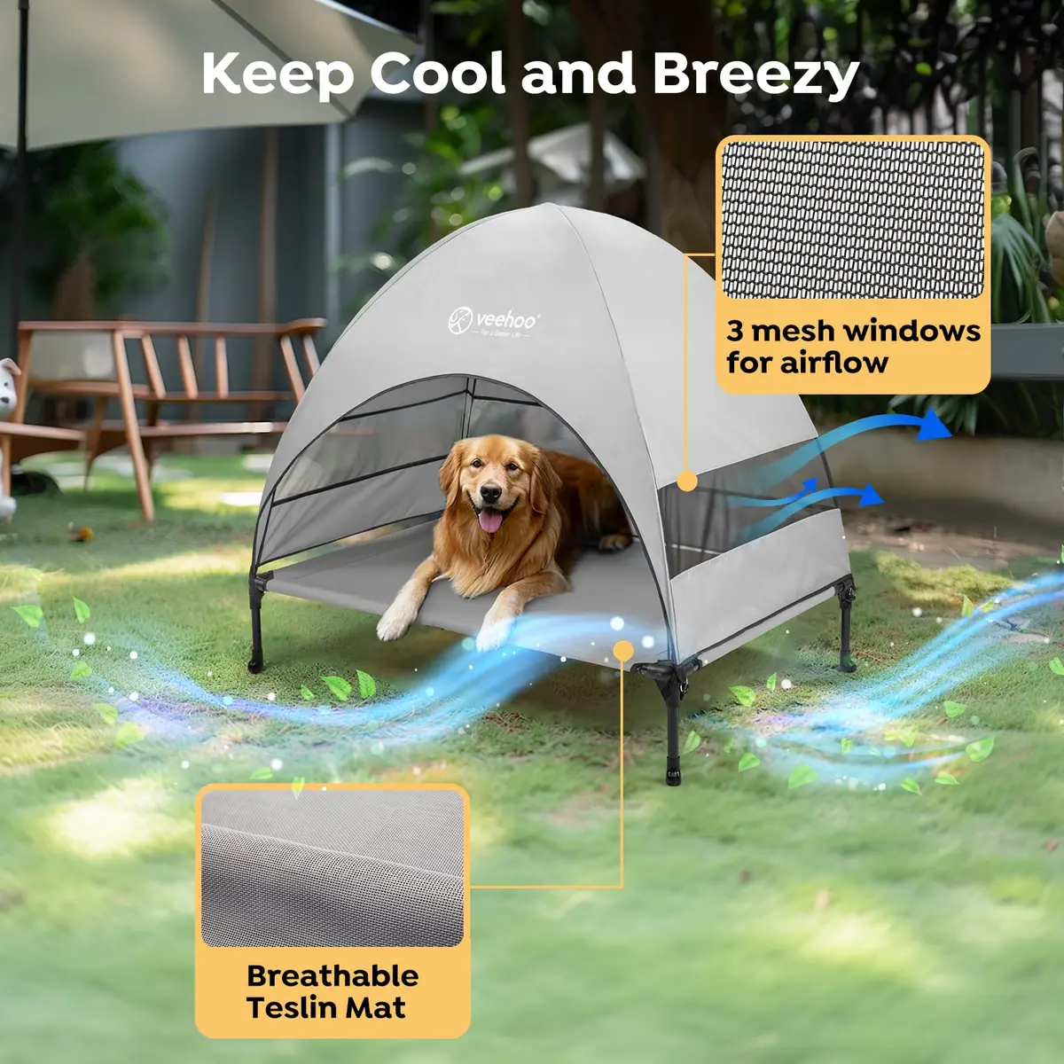 Veehoo Elevated Dog Bed with Canopy, Cooling Outdoor Shade 107cm x 76cm x 88cm | For Large Dogs Up to 68kg - view 3