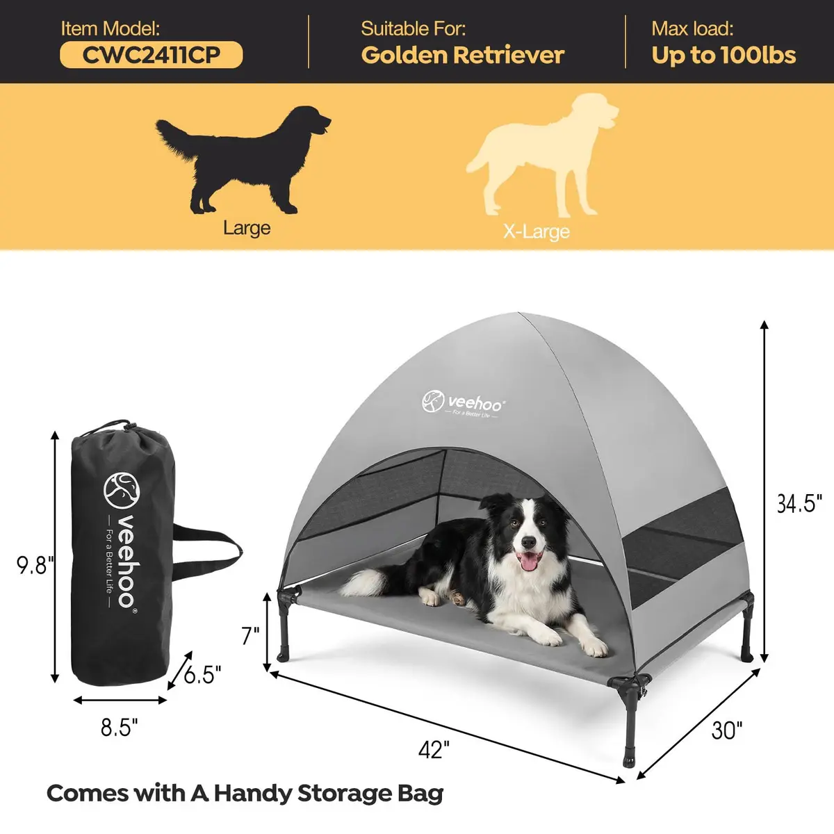 Veehoo Elevated Dog Bed with Canopy, Cooling Outdoor Shade 107cm x 76cm x 88cm | For Large Dogs Up to 68kg - view 4