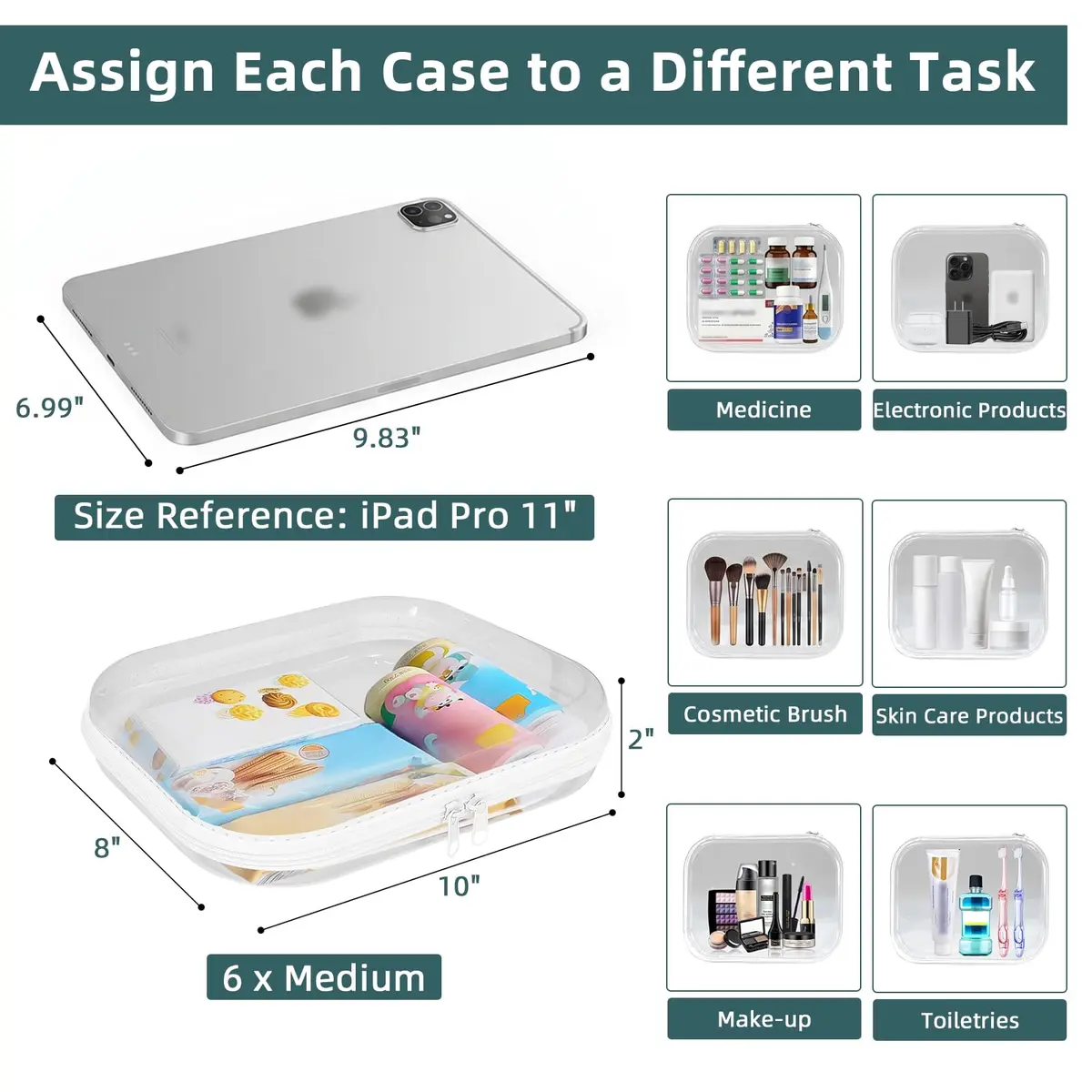 CarryEpic Clear Hard Shell Zipper Cases (6 Medium Packs) | TSA Approved Travel Organizer - view 3