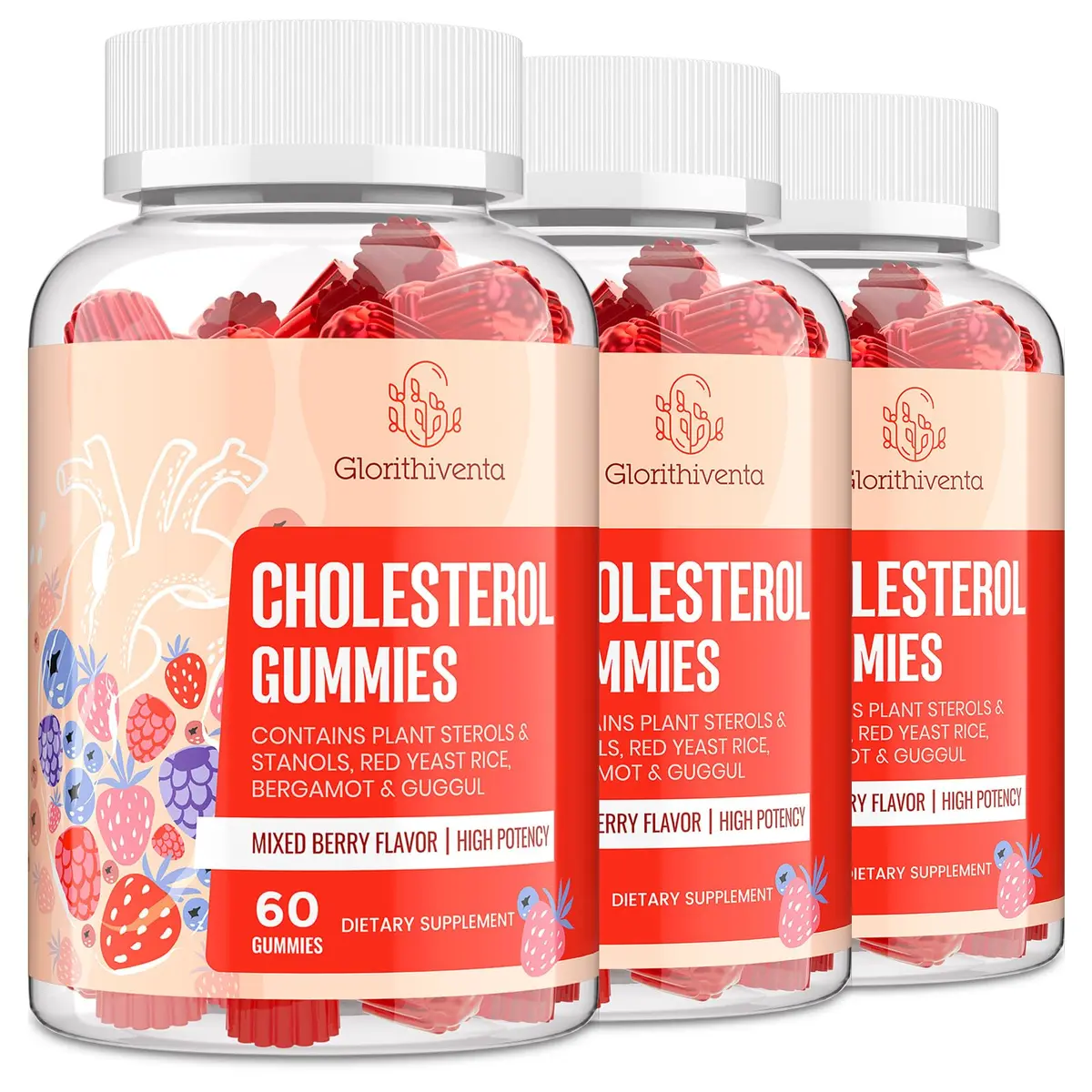 Glorithiventa Cholesterol Supplement with Plant Sterols & Stanols, Mixed Berry Flavor, 180 Counts | Vegan & Allergen-Free - main product image