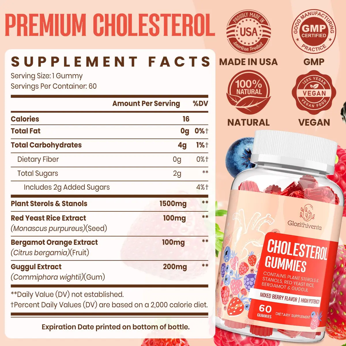 Glorithiventa Cholesterol Supplement with Plant Sterols & Stanols, Mixed Berry Flavor, 180 Counts | Vegan & Allergen-Free - view 7