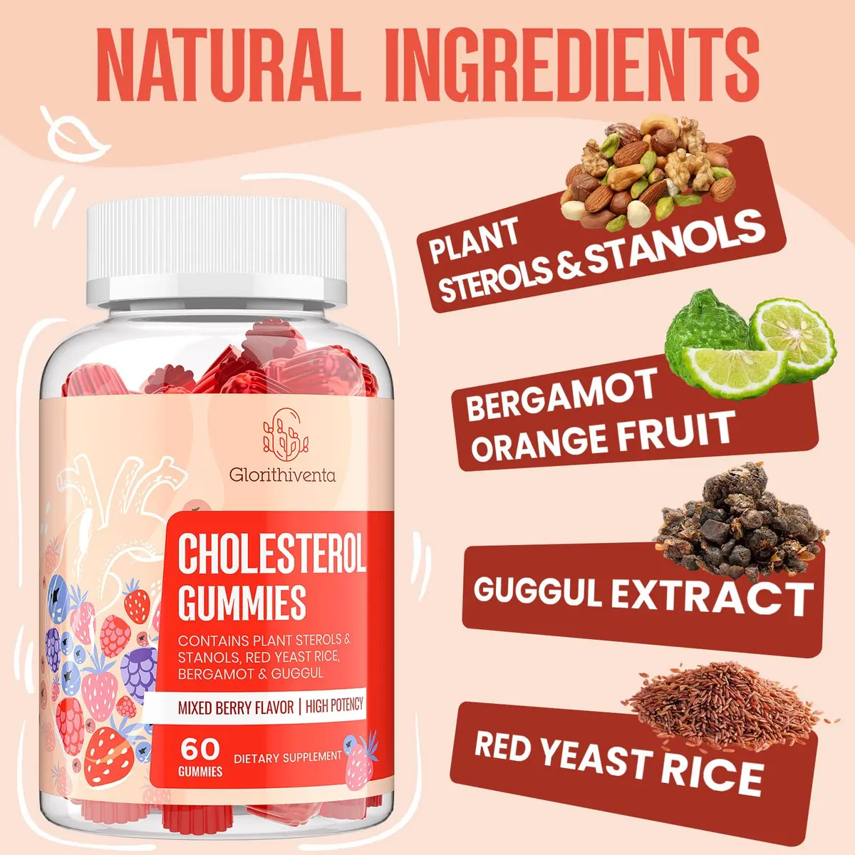 Glorithiventa Cholesterol Supplement with Plant Sterols & Stanols, Mixed Berry Flavor, 180 Counts | Vegan & Allergen-Free - view 3