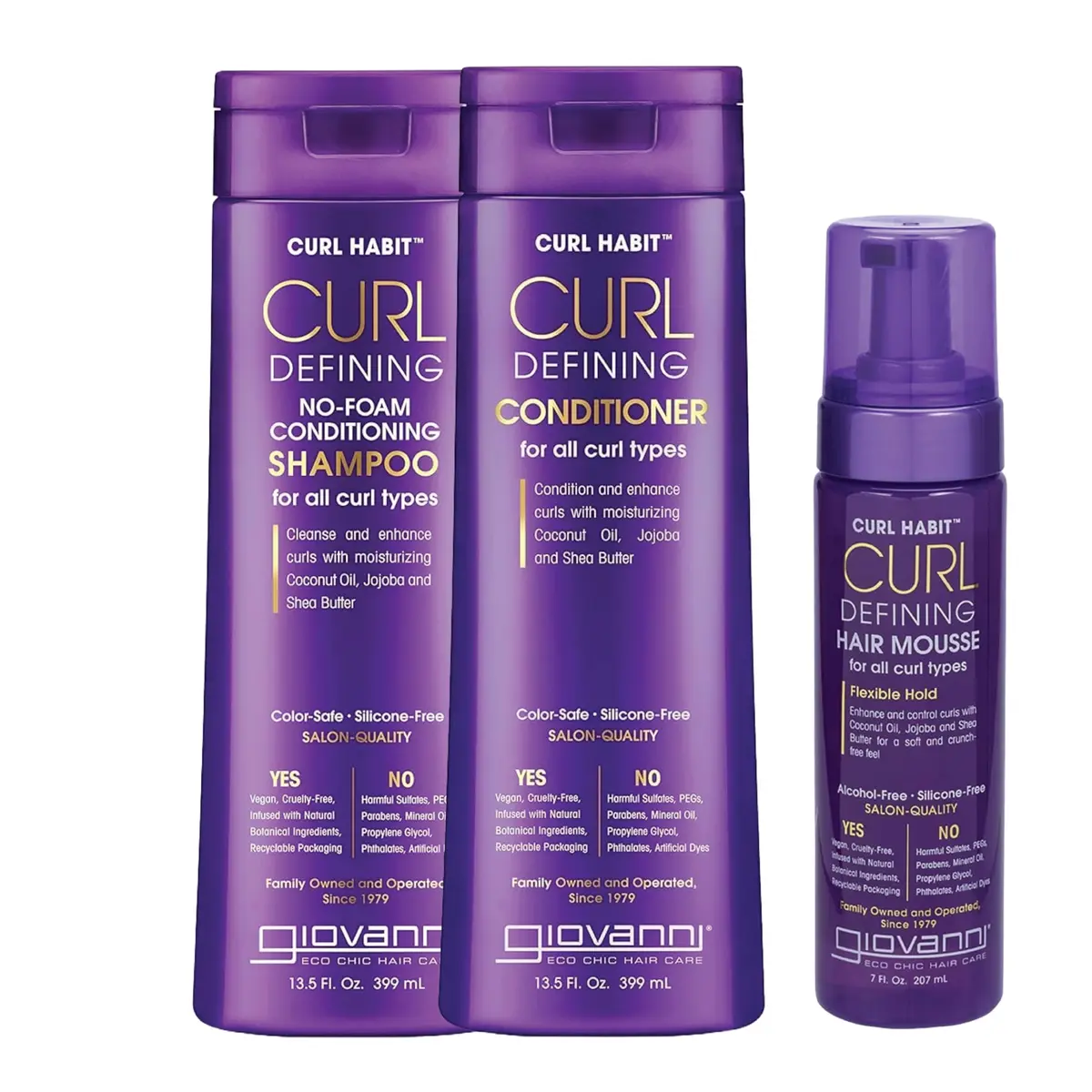 GIOVANNI Curl Habit Trio – Curly Hair Shampoo, Conditioner & Mousse, 11.33 Fl Oz (3 Pack) | Hydrates & Defines - main product image