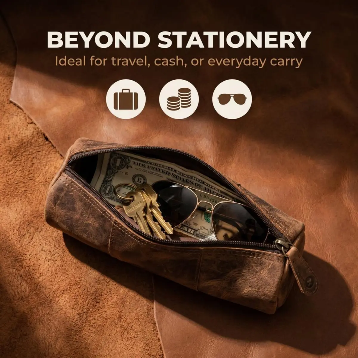 moonster Full-Grain Buffalo Leather Pen Case, 8x4 Inch | Handmade Vintage Pencil Pouch with Zipper & Compartments - view 6