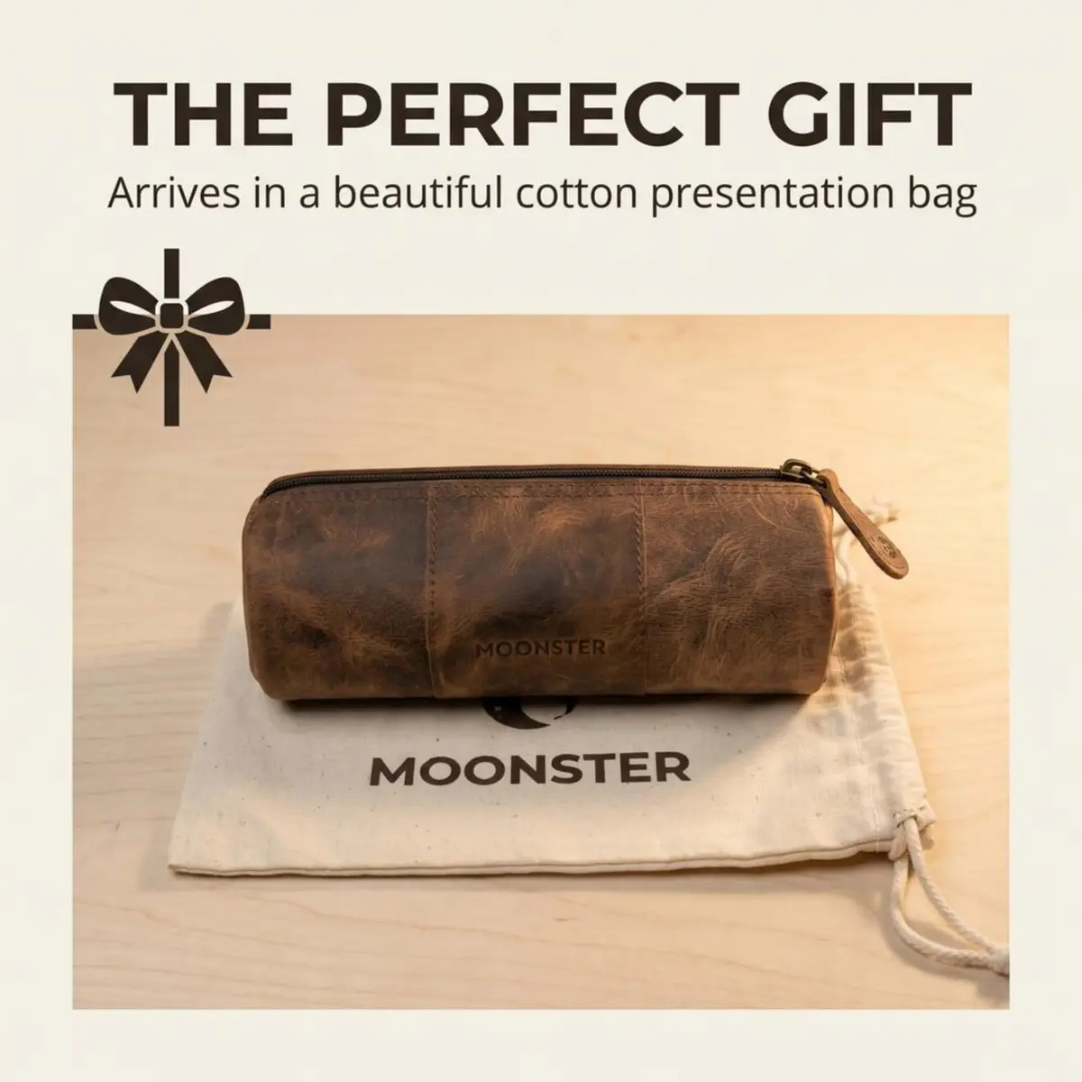 moonster Full-Grain Buffalo Leather Pen Case, 8x4 Inch | Handmade Vintage Pencil Pouch with Zipper & Compartments - view 7