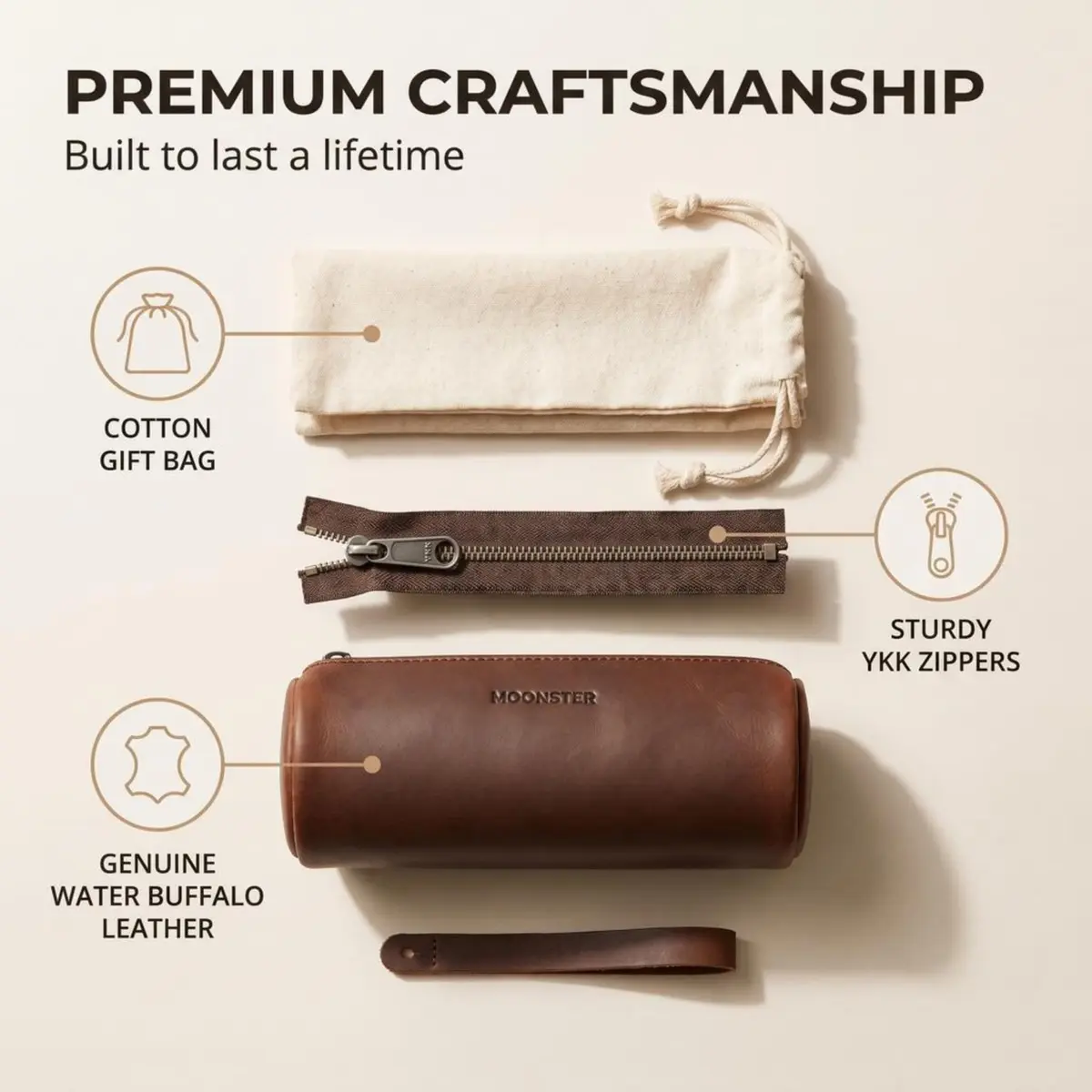 moonster Full-Grain Buffalo Leather Pen Case, 8x4 Inch | Handmade Vintage Pencil Pouch with Zipper & Compartments - view 2