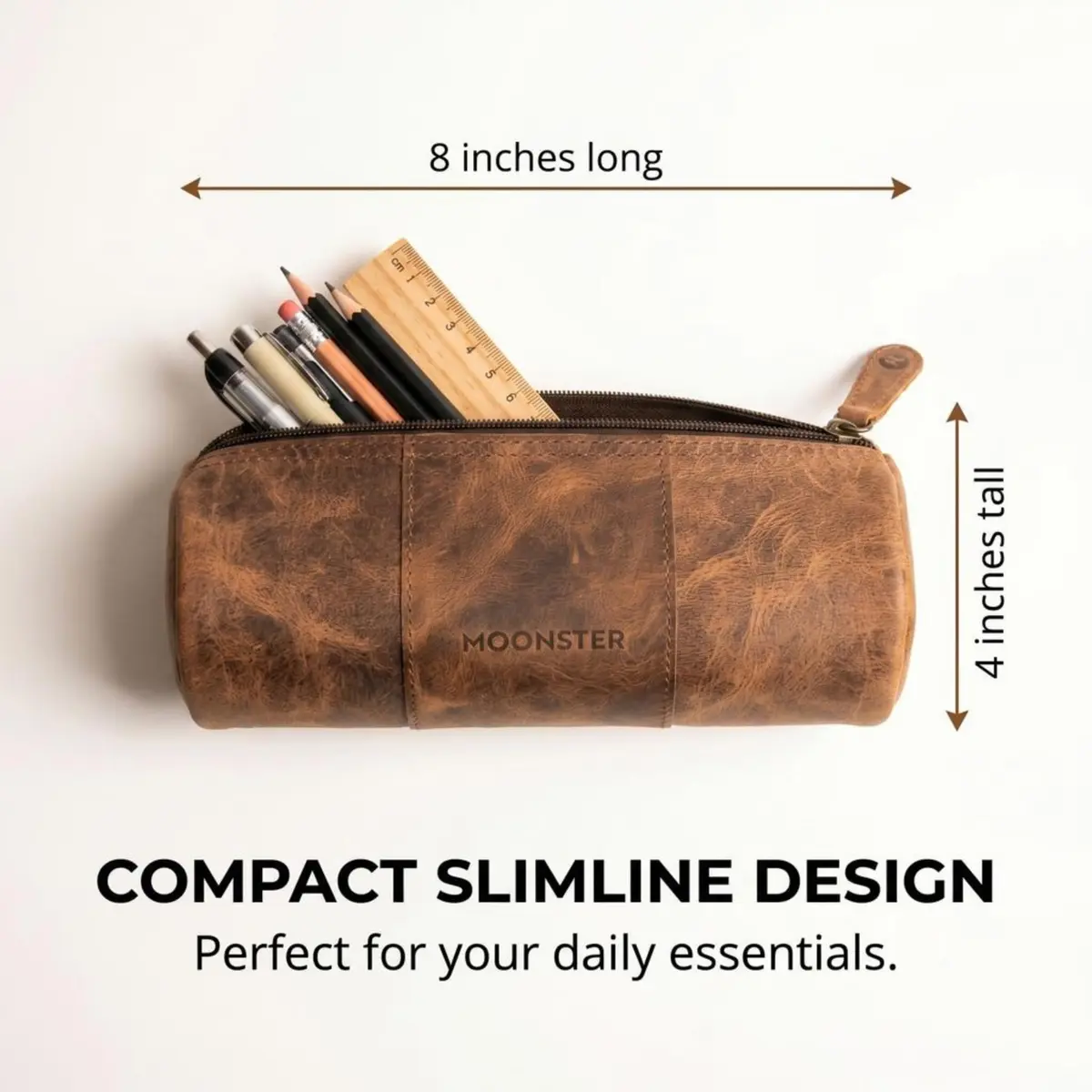 moonster Full-Grain Buffalo Leather Pen Case, 8x4 Inch | Handmade Vintage Pencil Pouch with Zipper & Compartments - view 3