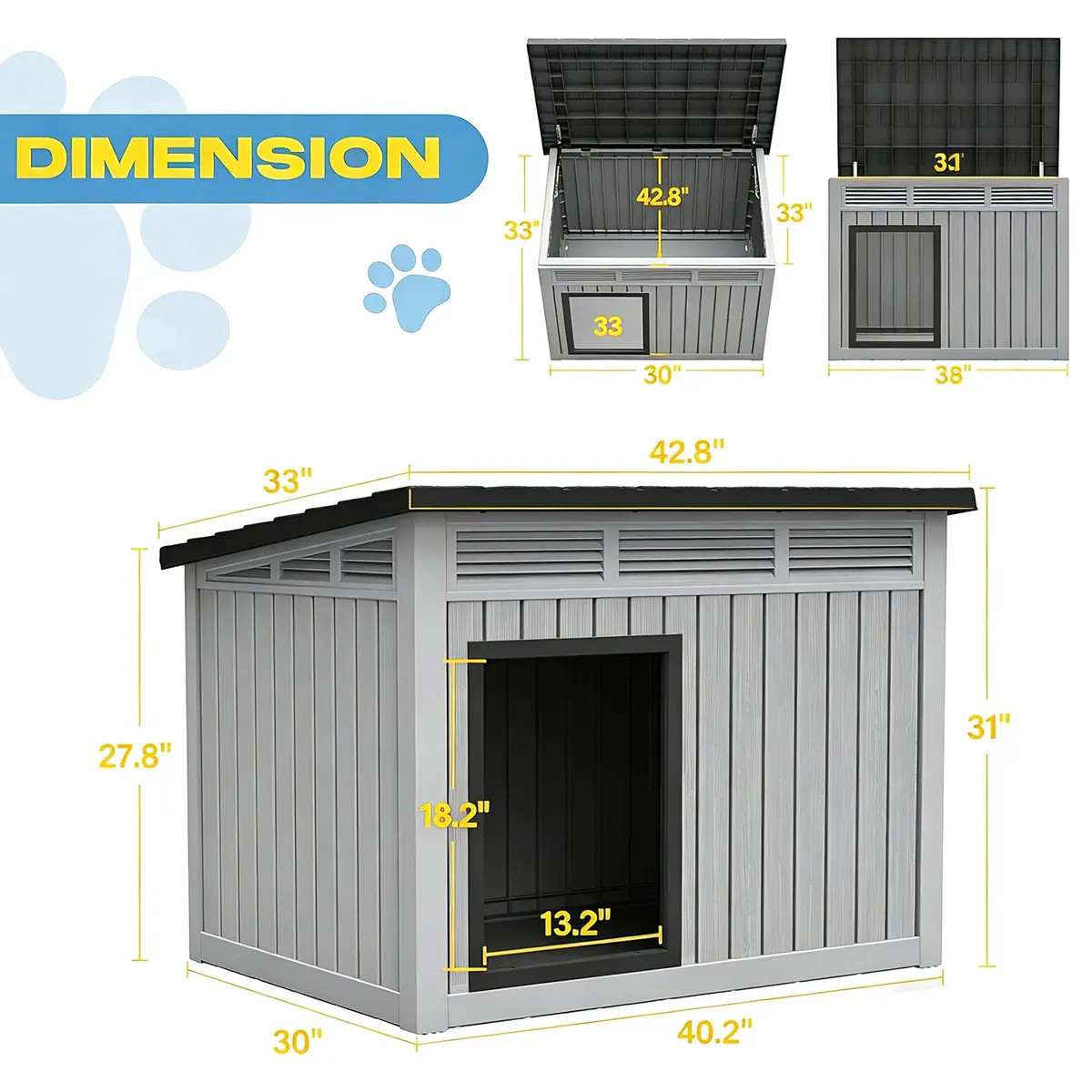 Fancyango Outdoor Dog House for Large Dogs | Weatherproof XL Dog Shelter (Deep Grey, 42.8" L x 33" W x 31.5" H) - view 5