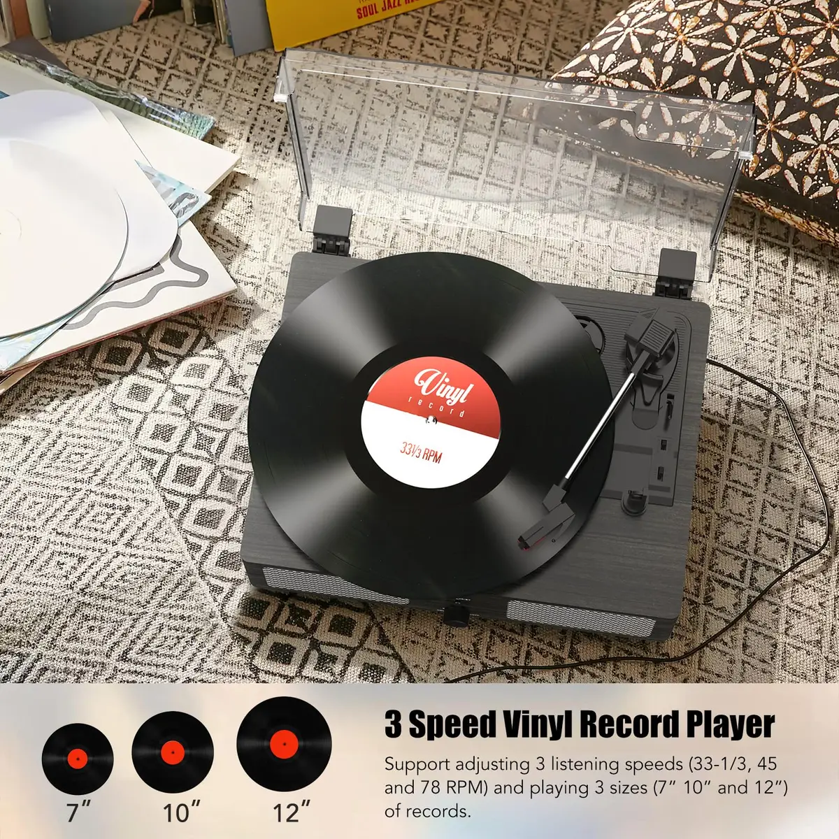 Udreamer Vinyl Record Player Wireless Turntable with Speakers & USB | Vintage Bluetooth System in Black - view 5