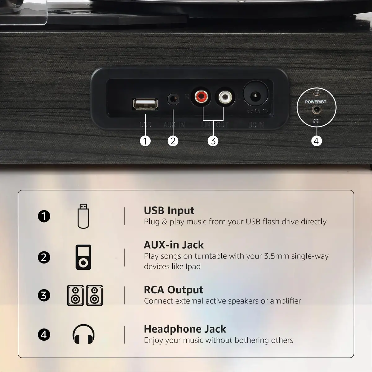 Udreamer Vinyl Record Player Wireless Turntable with Speakers & USB | Vintage Bluetooth System in Black - view 6