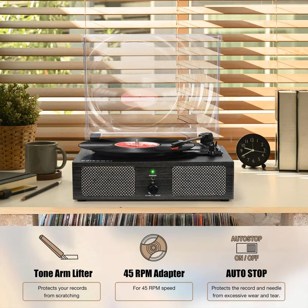 Udreamer Vinyl Record Player Wireless Turntable with Speakers & USB | Vintage Bluetooth System in Black - view 7