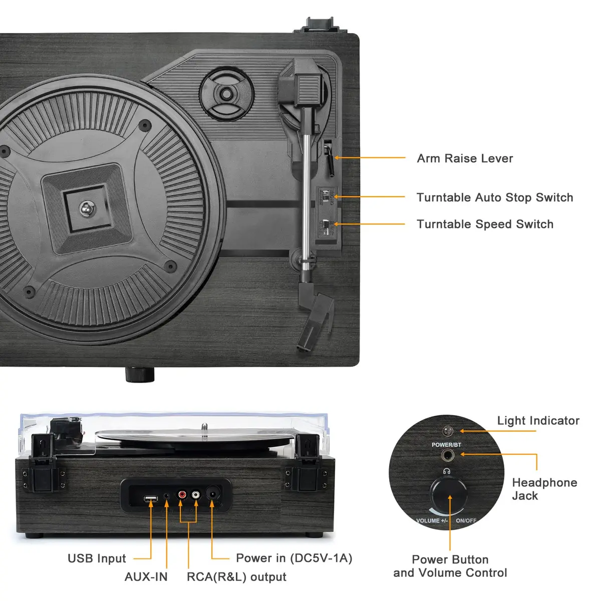 Udreamer Vinyl Record Player Wireless Turntable with Speakers & USB | Vintage Bluetooth System in Black - view 2