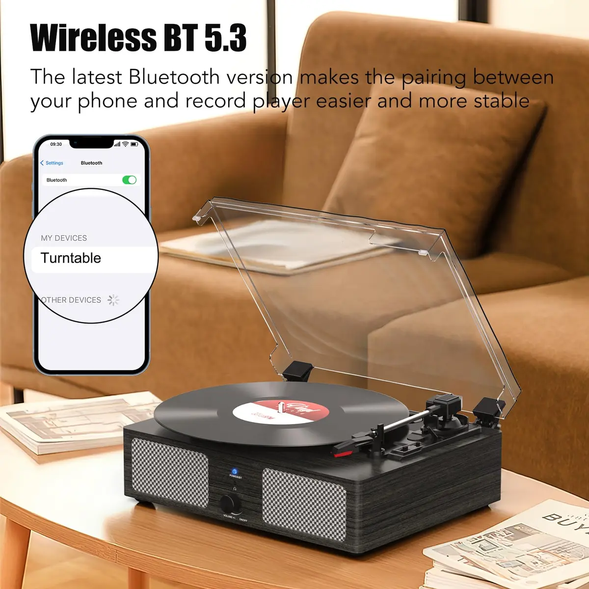 Udreamer Vinyl Record Player Wireless Turntable with Speakers & USB | Vintage Bluetooth System in Black - view 3