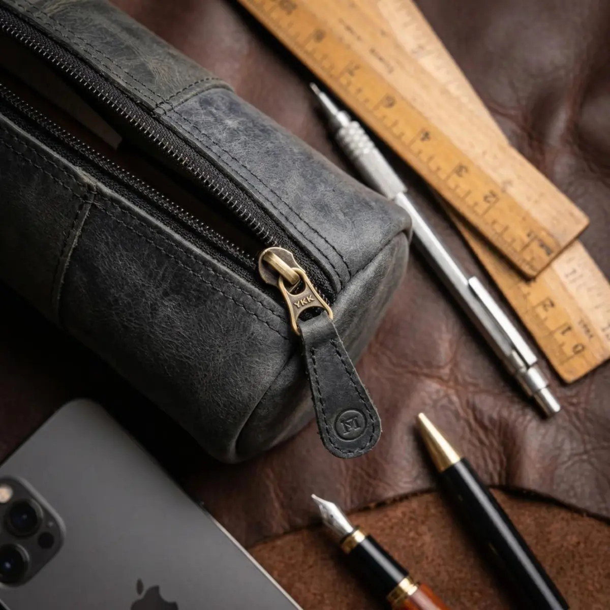 moonster Full-Grain Buffalo Leather Pen Case 20cm (8 inch) | Handmade Rustic Zipper Pouch with Linen Interior & Ruler - view 5