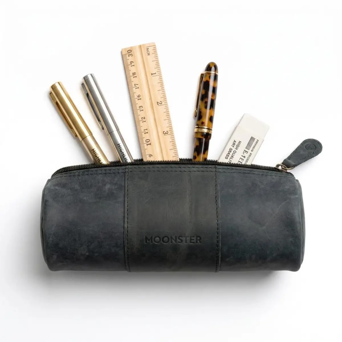 moonster Full-Grain Buffalo Leather Pen Case 20cm (8 inch) | Handmade Rustic Zipper Pouch with Linen Interior & Ruler - view 6