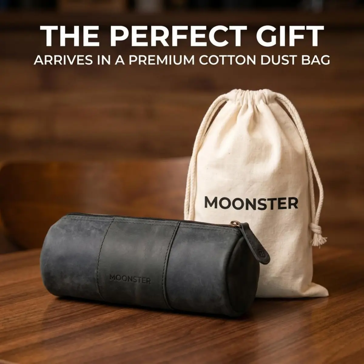 moonster Full-Grain Buffalo Leather Pen Case 20cm (8 inch) | Handmade Rustic Zipper Pouch with Linen Interior & Ruler - view 7