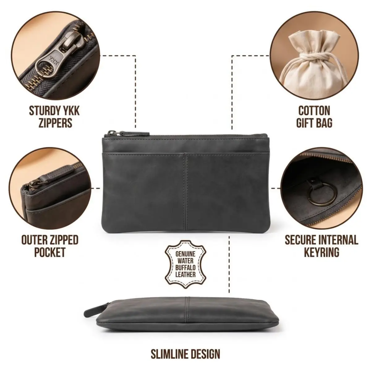 moonster Full-Grain Buffalo Leather Pen Case 20cm (8 inch) | Handmade Rustic Zipper Pouch with Linen Interior & Ruler - view 3