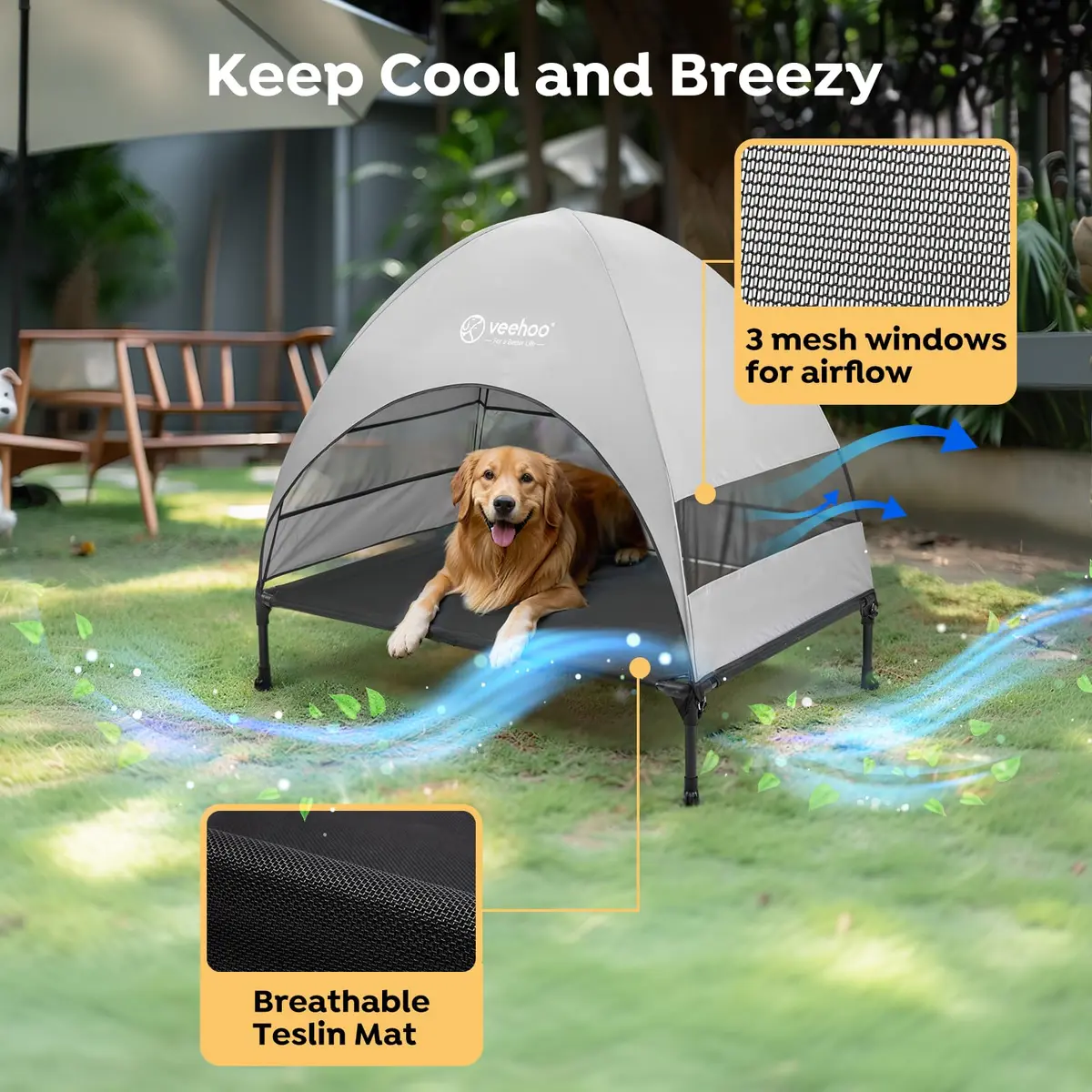 Veehoo Elevated Outdoor Dog Bed with Canopy & Cooling Shade 107cm x 76cm x 88cm | Holds 68kg - view 3