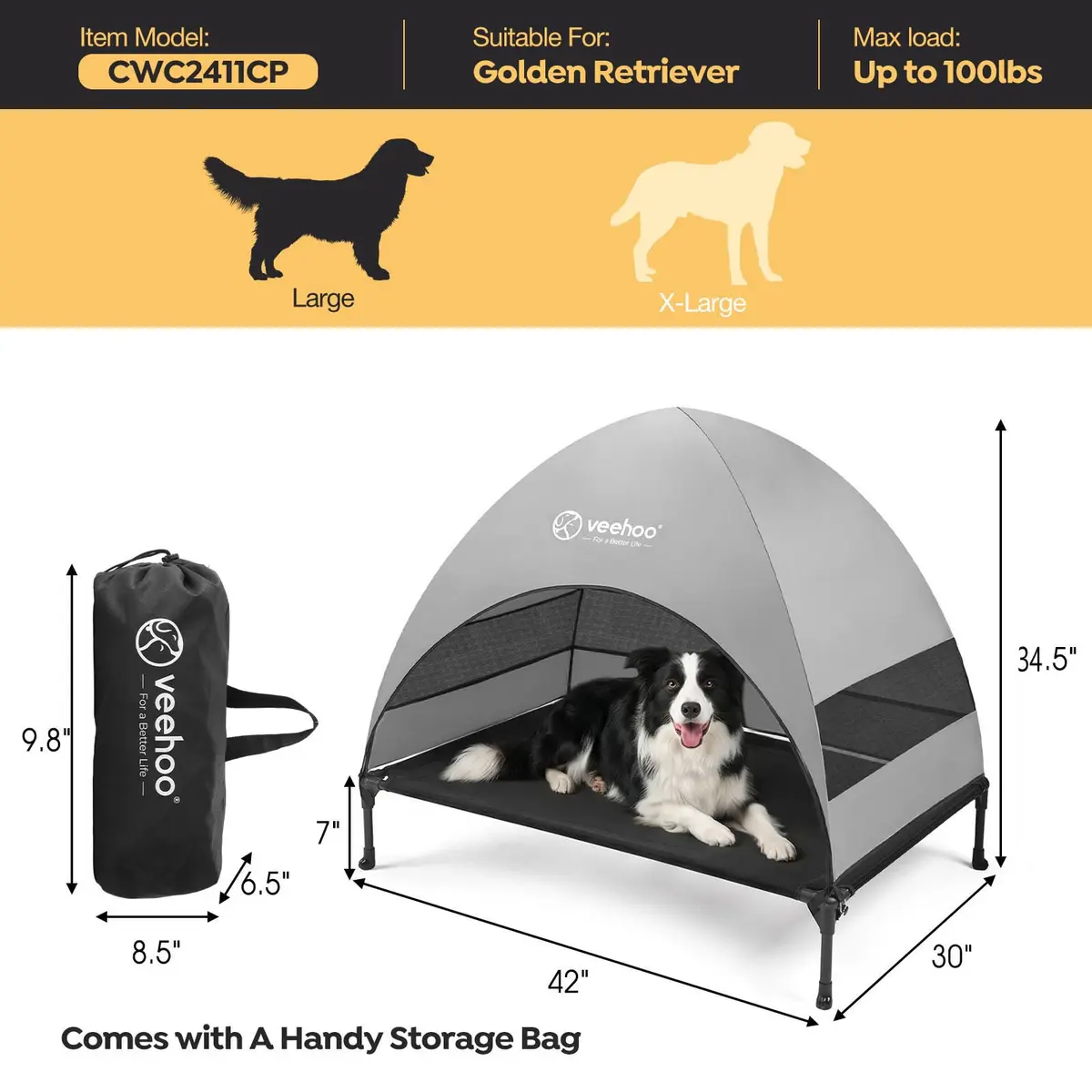 Veehoo Elevated Outdoor Dog Bed with Canopy & Cooling Shade 107cm x 76cm x 88cm | Holds 68kg - view 4