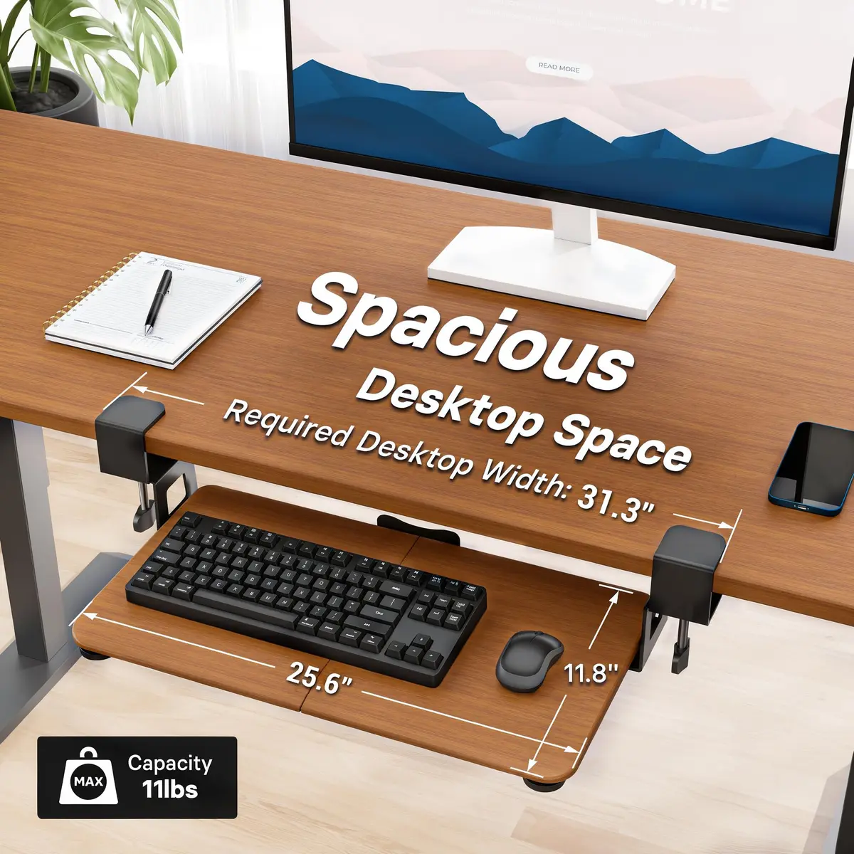 BONTEC Under Desk Keyboard Tray, Pull-Out Keyboard & Mouse Platform with C-Clamp Mount, Walnut (25.6 x 11.8 inch) - view 3