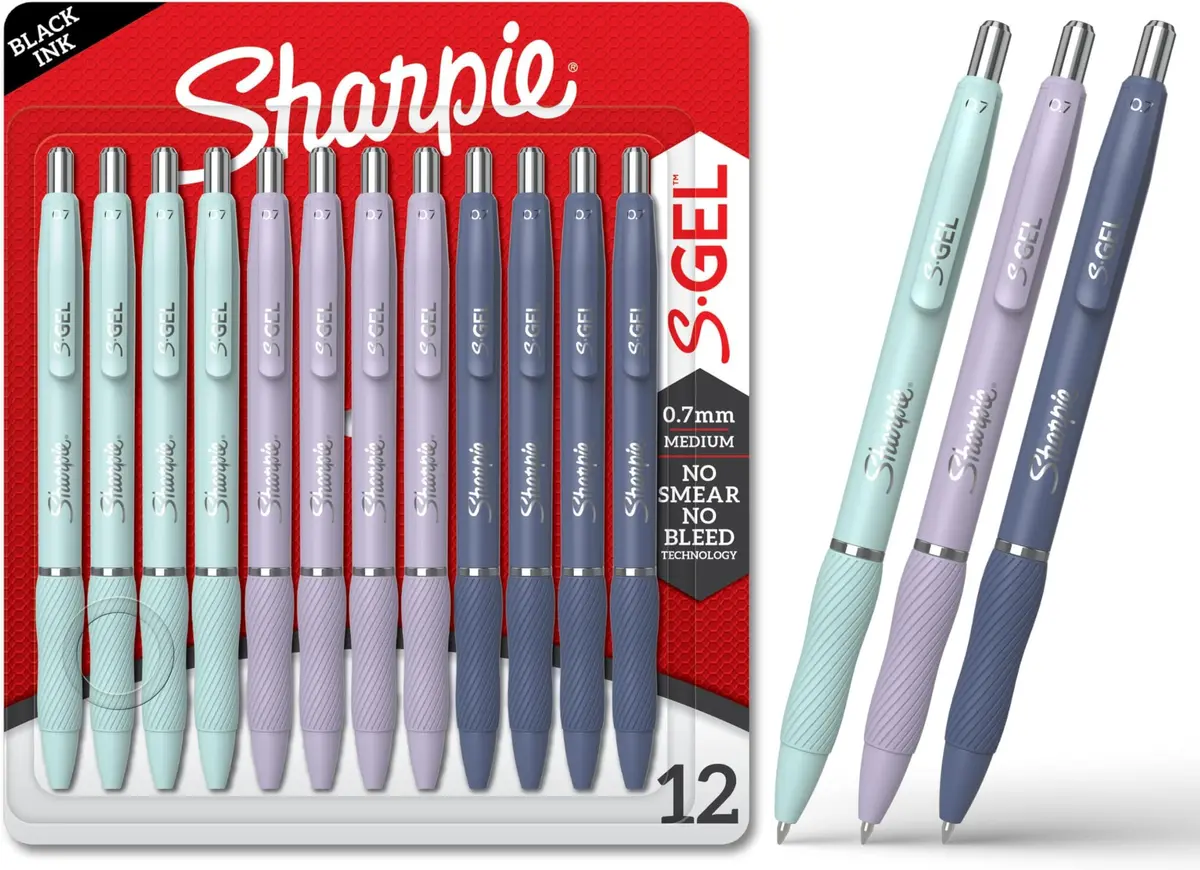 Sharpie S-Gel Gel Pens Medium Point (0.7mm) Assorted Fashion Barrels Black Ink 12 Count | Smooth Ink Flow Writing Instrument - main product image