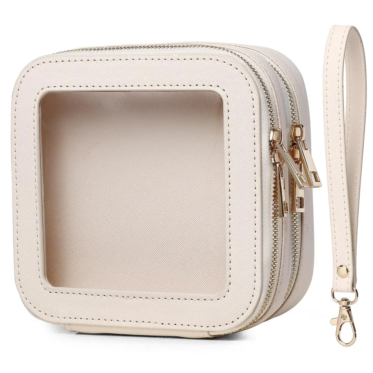 Pinkmik Double Layer Makeup Bag MINI Beige 13.5cm (5.3") x 13.5cm (5.3") x 7cm (2.75") | TSA Approved Travel Organizer - main product image