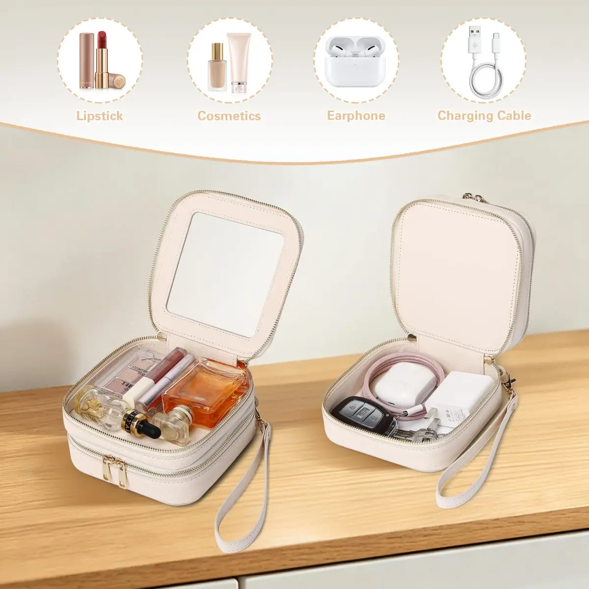 Pinkmik Double Layer Makeup Bag MINI Beige 13.5cm (5.3") x 13.5cm (5.3") x 7cm (2.75") | TSA Approved Travel Organizer - view 3