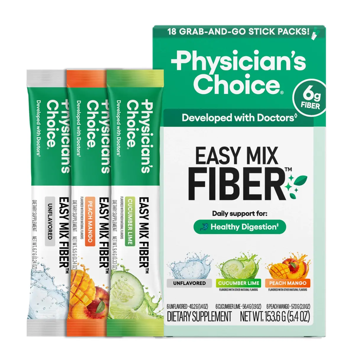 Physician's CHOICE Easy Mix Fiber Stick Packs Variety Pack 5.4oz (153g) | Daily Prebiotic Fiber for Digestive Health - main product image