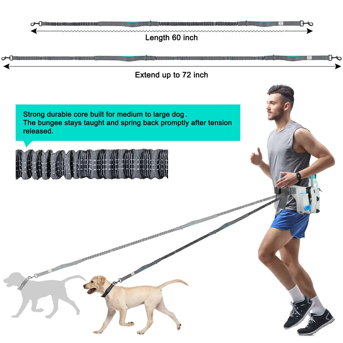 SHINE HAI Retractable Hands Free Dog Leash with Dual Bungees for 2 Dogs, Adjustable Waist Belt, Reflective Stitching Leash for Running Walking Hiking Jogging Biking Black - Gray2 | Fits All Dog Sizes - view 4
