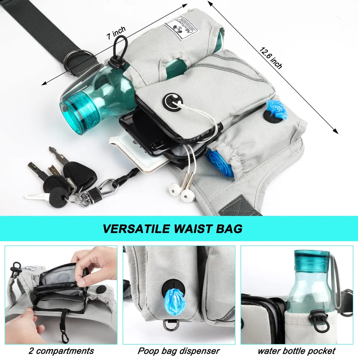 SHINE HAI Retractable Hands Free Dog Leash with Dual Bungees for 2 Dogs, Adjustable Waist Belt, Reflective Stitching Leash for Running Walking Hiking Jogging Biking Black - Gray2 | Fits All Dog Sizes - view 6