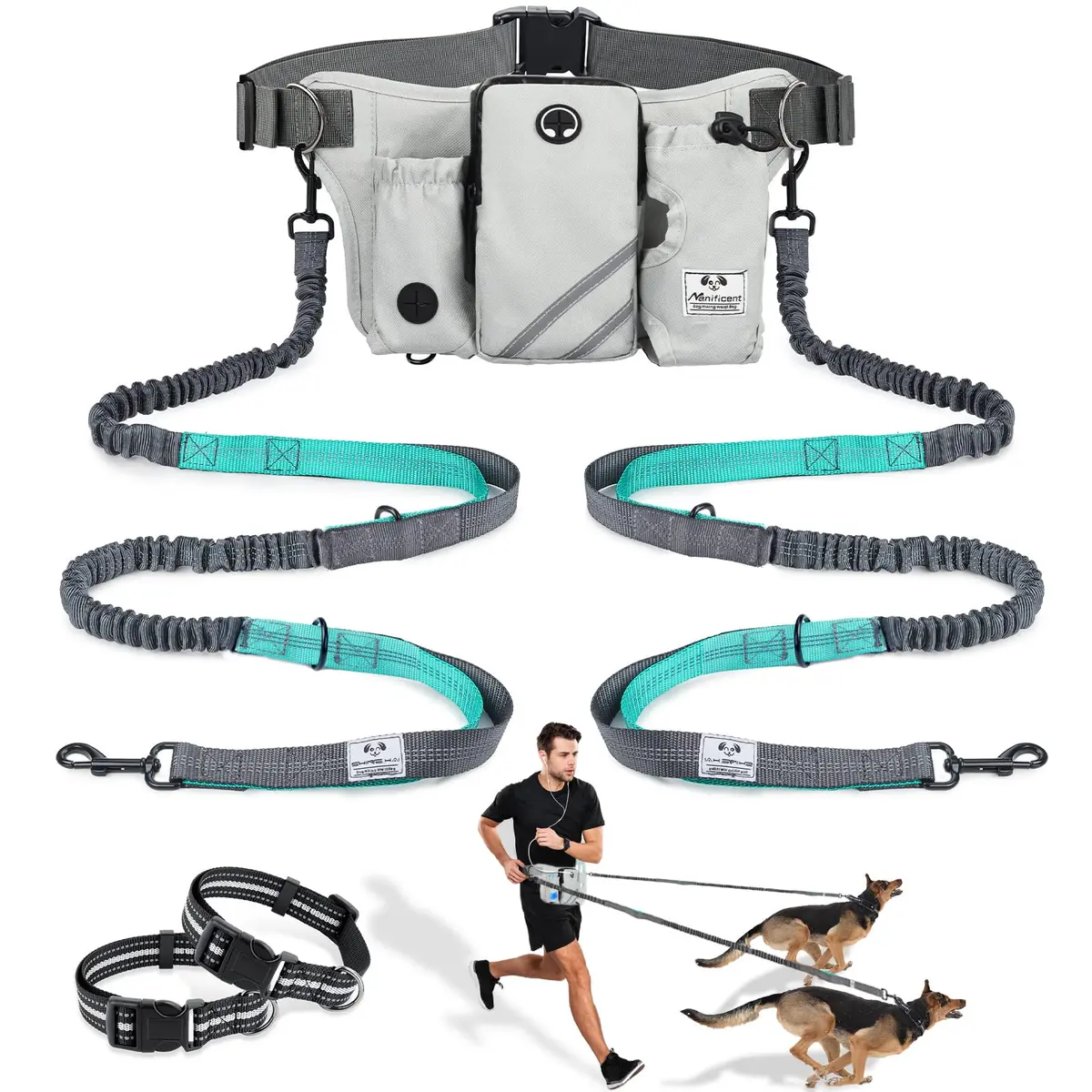 SHINE HAI Retractable Hands Free Dog Leash with Dual Bungees for 2 Dogs, Adjustable Waist Belt, Reflective Stitching Leash for Running Walking Hiking Jogging Biking Black - Gray2 | Fits All Dog Sizes - main product image