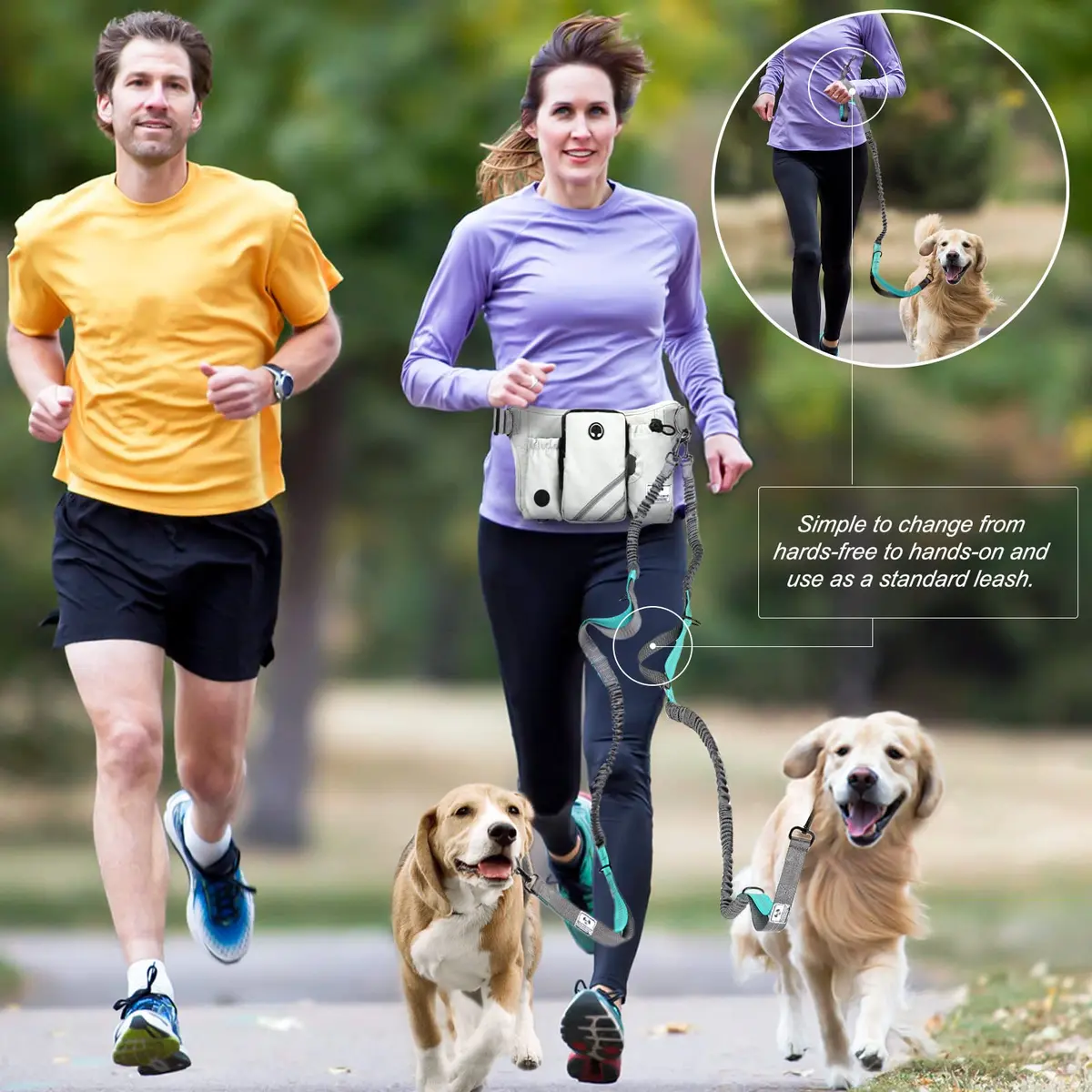 SHINE HAI Retractable Hands Free Dog Leash with Dual Bungees for 2 Dogs, Adjustable Waist Belt, Reflective Stitching Leash for Running Walking Hiking Jogging Biking Black - Gray2 | Fits All Dog Sizes - view 2